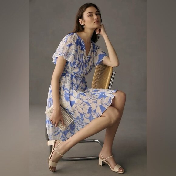 By Anthropologie V-Neck Ruffle-Sleeve Pleated Sheer Dress unlined Sz XL - Picture 10 of 12